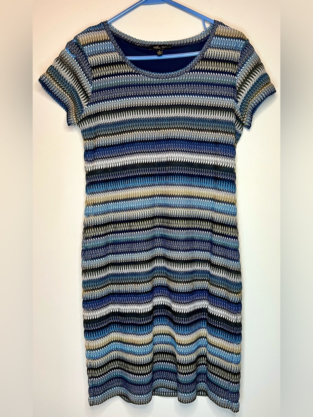 Melissa Paige Blue Textured Stripe Knit Sheath Dress w Subtle Shimmer S